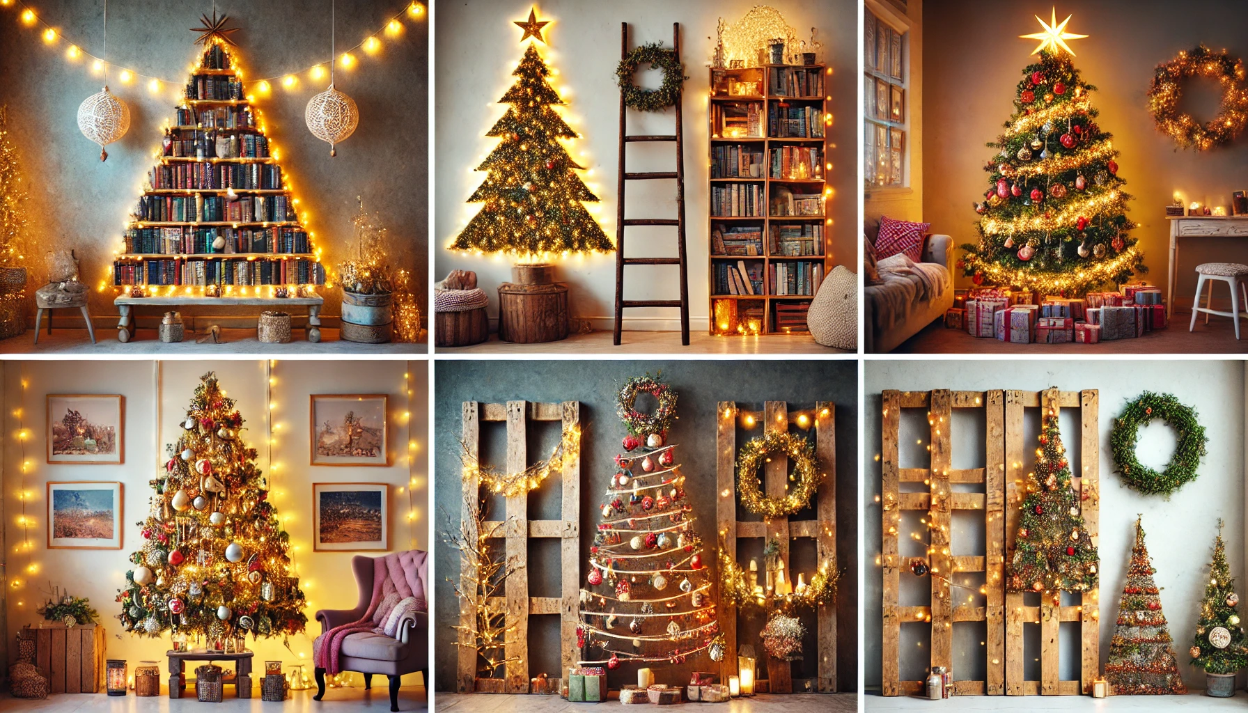 A festive collage showcasing five unique alternative Christmas tree ideas. Include a wall-mounted tree made of string lights and ornaments, a bookshel