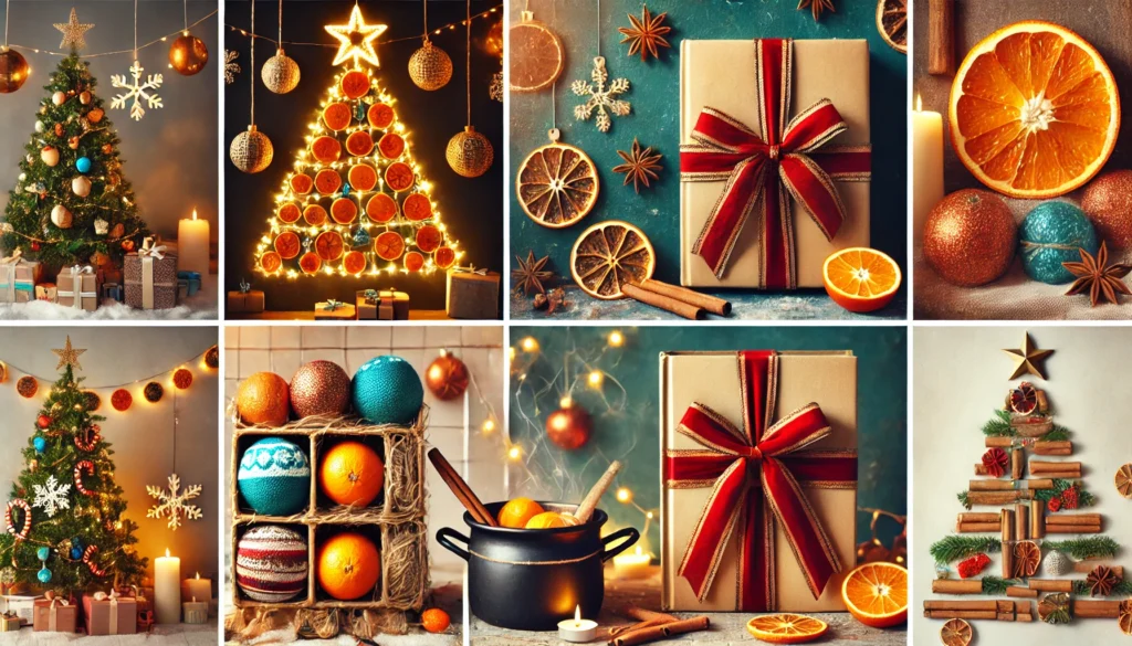 A vibrant and festive Christmas-themed collage showcasing various DIY Christmas hacks. Include elements such as a wall-mounted string light tree, giftA vibrant and festive Christmas-themed collage showcasing various DIY Christmas hacks. Include elements such as a wall-mounted string light tree, gift